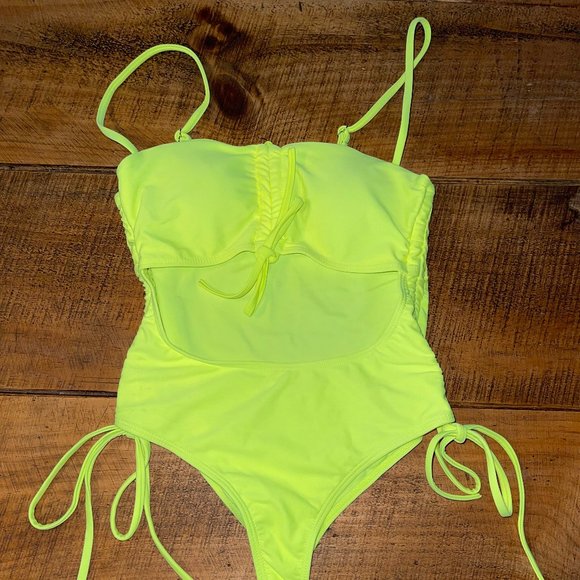 Women's Annbon One Piece Bright Yellow Thong Cut Out Bathing Suit Size S - Picture 1 of 6